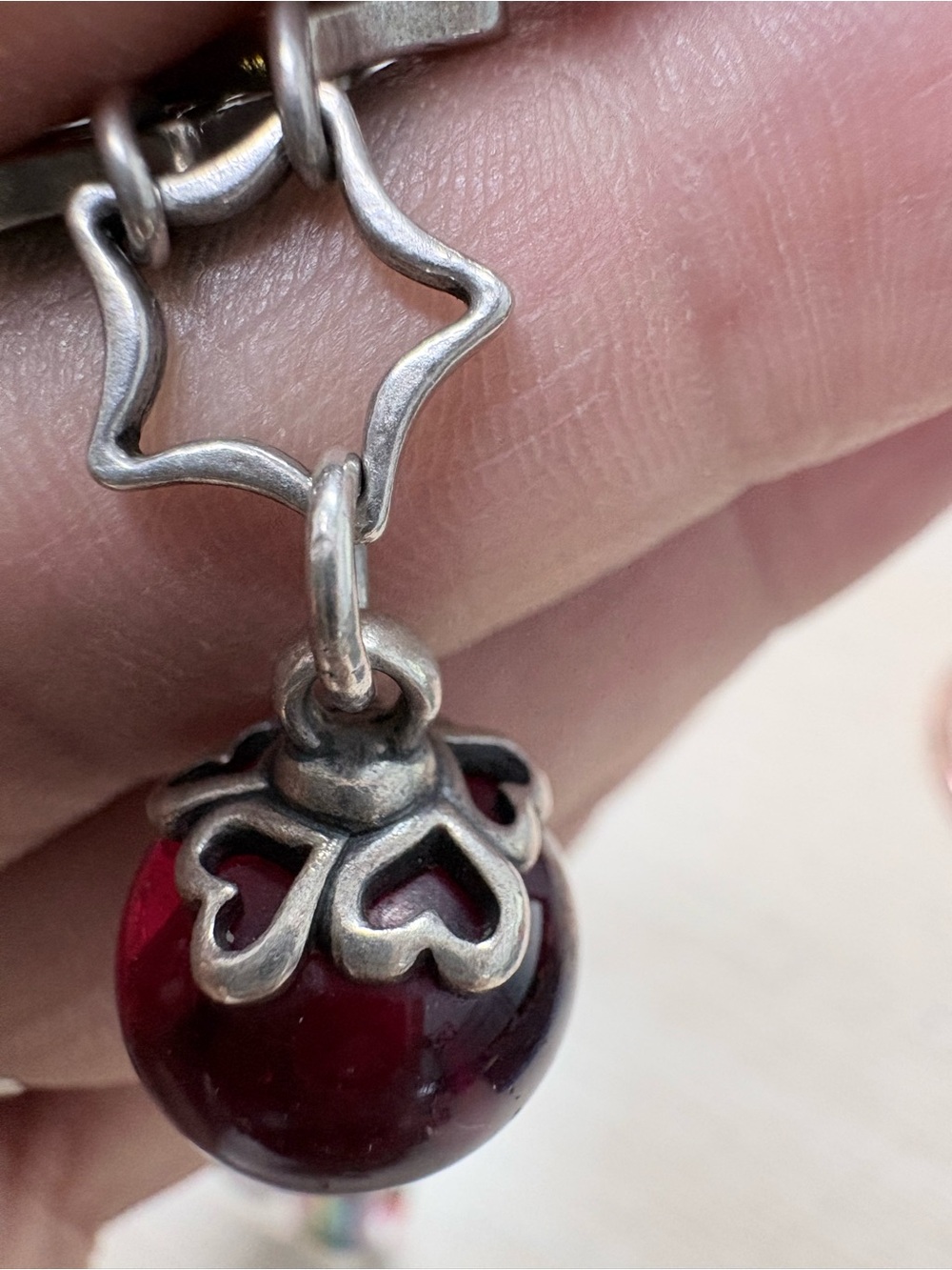 James Avery Sterling Silver Heart Cap Red Glass Dangle Charm